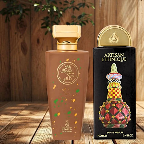 Bundle of Lattafa Pista Kunafa and Artisan Ethnique Eau de Parfum sprays, 100ml each, featuring elegant glass bottles and vibrant labels.