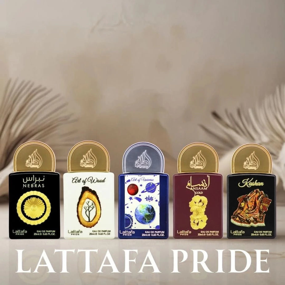 Lattafa Pride Eau de Parfum Gift Set with five 20ml bottles, featuring elegant packaging and a variety of fragrances.