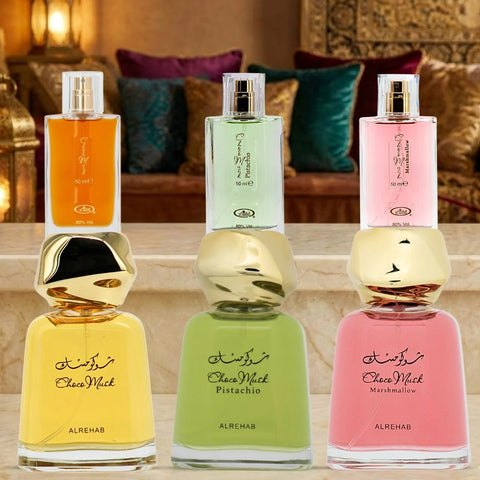 Choco Musk, Choco Musk Pistachio & Choco Musk Marshmallow Eau de Parfum Sprays 100ml (3.4 oz) & 50ml (1.7 oz) by Al Rehab (Bundle)