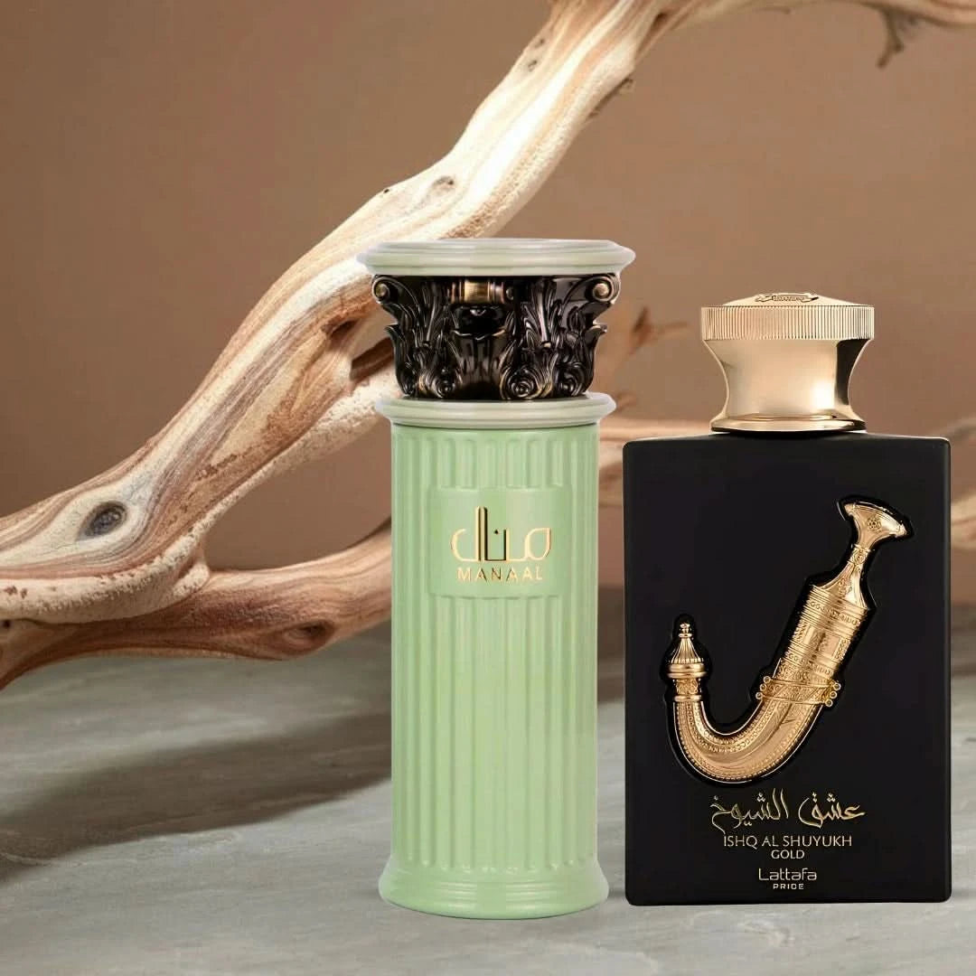 Bundle of two 100ml Lattafa Eau de Parfum sprays: Manaal by Ard Al Zaafaran and Ishq Al Shuyukh Gold, featuring elegant bottles.