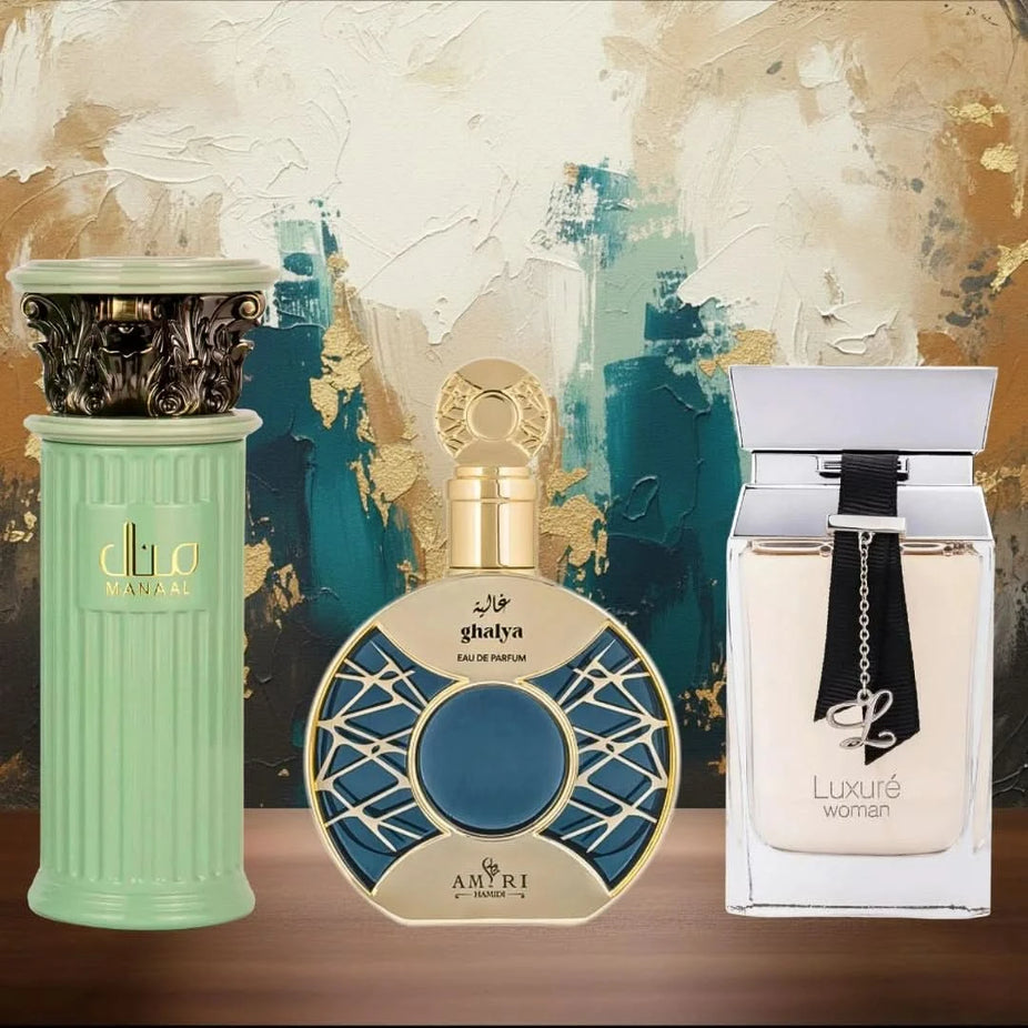 Bundle of three 100ml Eau de Parfum sprays by Intense Oud: Luxure Woman by Rave, Manaal by Ard Al Zaafaran, Ghalya by Hamidi.