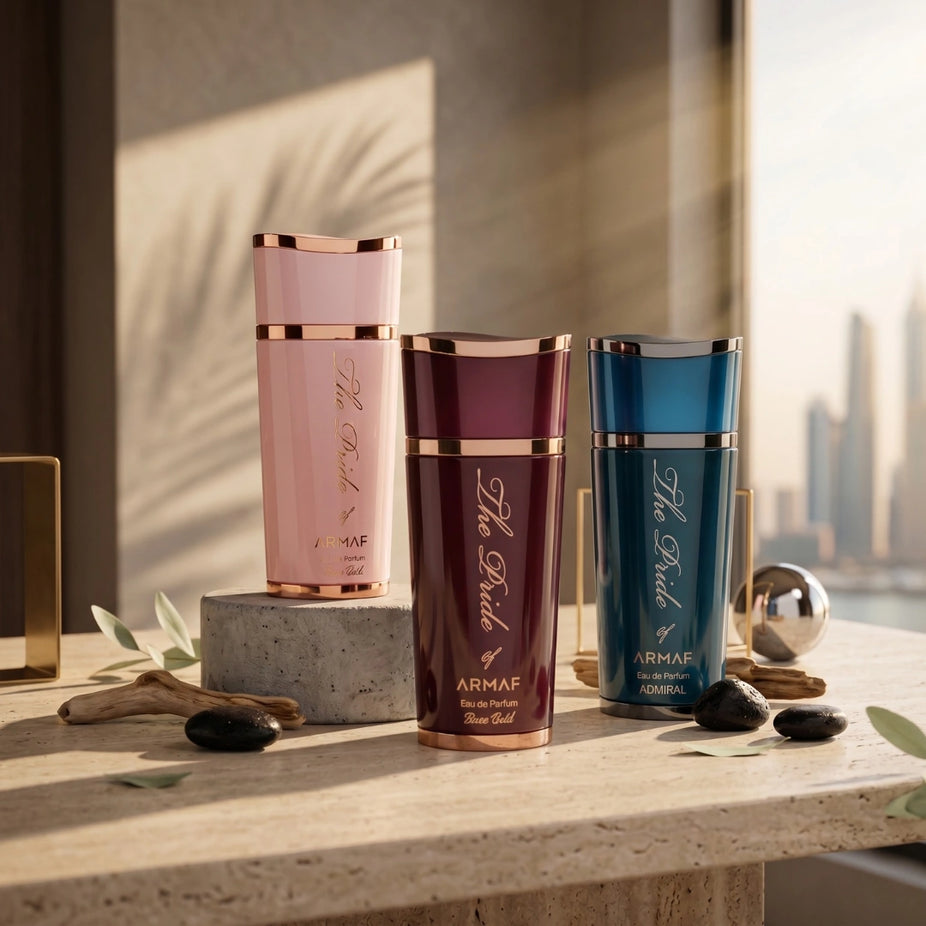 Bundle of Armaf Pride of Armaf Admiral Rose Oud Femme & Pour Femme Eau de Parfum sprays, 100ML bottles, featuring elegant perfume packaging.