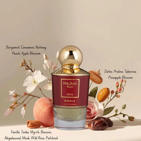 Najma Nova Eau de Parfum Spray by RISALA, 100ml bottle with elegant design, showcasing the perfume's sleek packaging and branding.