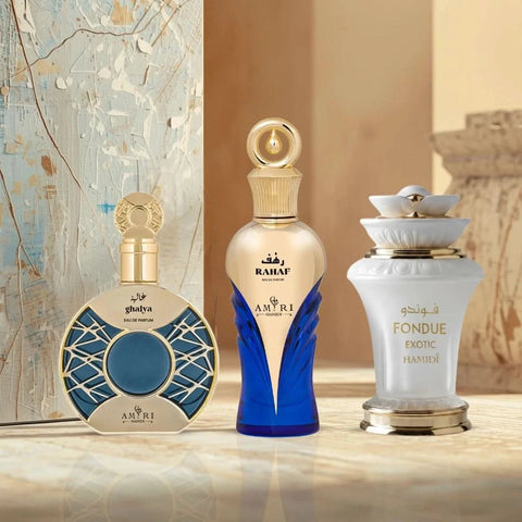 Hamidi Ghalya Amiri, Amiri Rahaf, and Fondue Exotic Eau de Parfum sprays bundle in 100ml bottles, featuring elegant glass packaging.