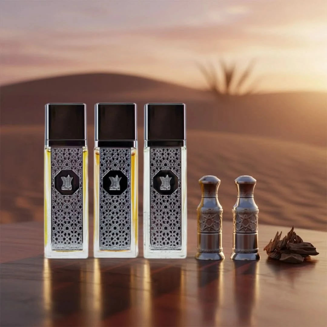 Arabian Oud Al Seyada Collection 6-piece gift set with perfume bottles and elegant packaging, showcasing luxurious fragrance products.