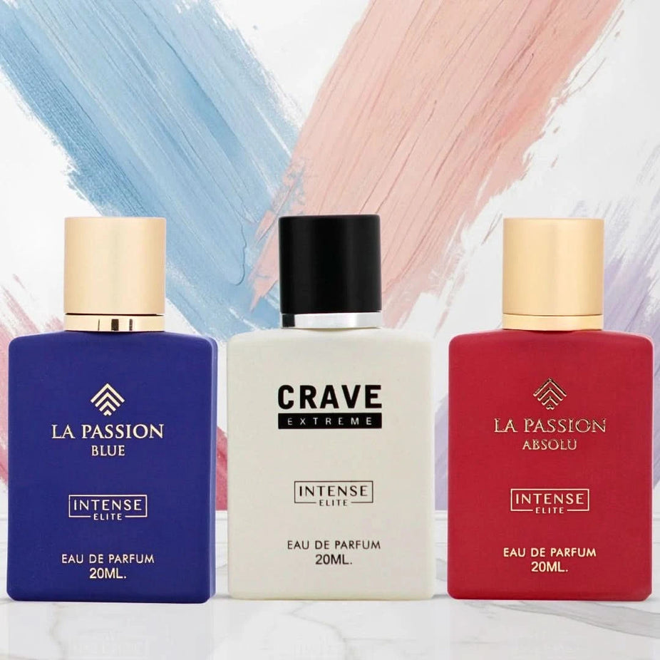Bundle of three Intense Elite La Passion Blue, La Passion Absolu, and Crave Extreme Eau de Parfum sprays in 20ml bottles.