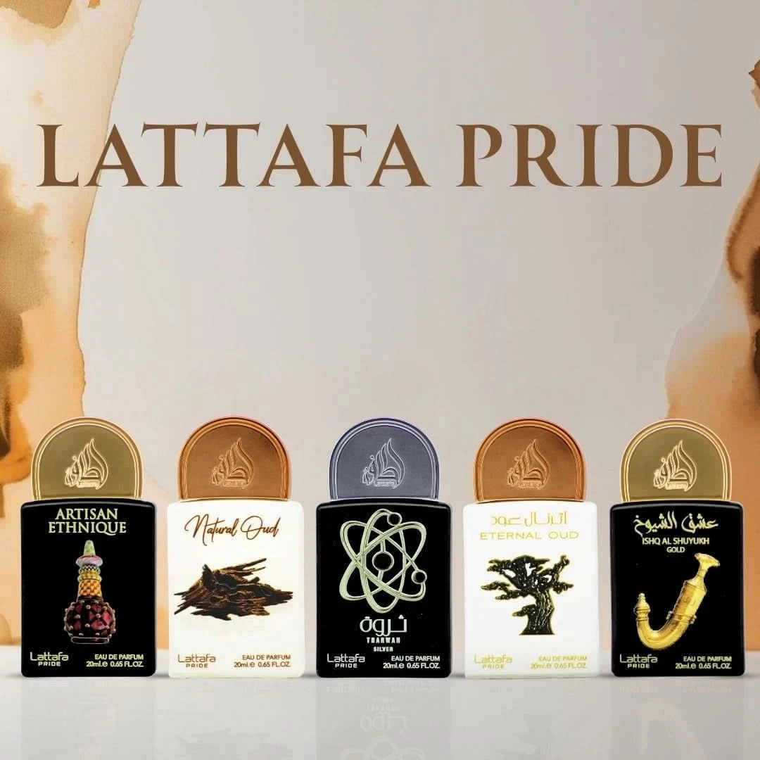 Lattafa Pride Eau de Parfum Gift Set with five 20ml bottles, featuring a collection of luxurious fragrances in a stylish box.