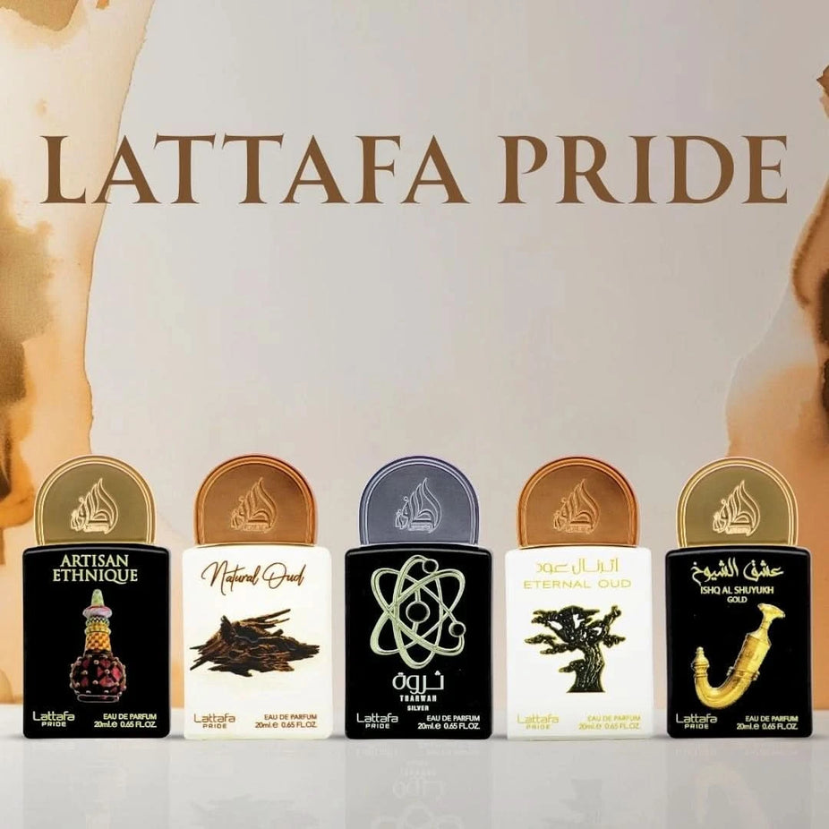 Lattafa Pride Eau de Parfum Gift Set with five 20ml bottles, featuring a collection of luxurious fragrances in a stylish box.