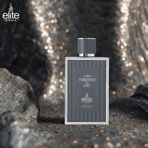 Elite Risala Hikmah Of Life Eau de Parfum spray 100ml bottle, elegant design and branding, showcasing the fragrance packaging.