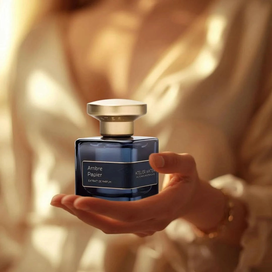 Ambre Papier Extrait de Parfum Spray by Atelier Materi, 50ml, elegant glass bottle showcasing the luxury EDP fragrance.