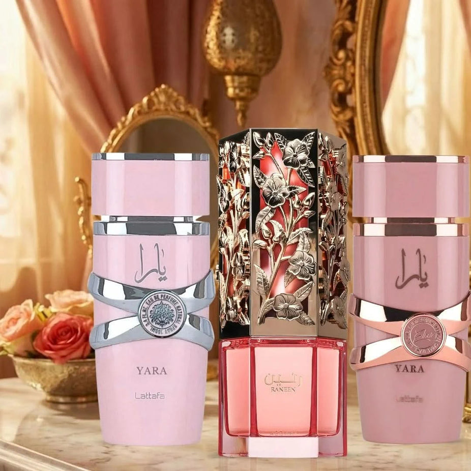 Lattafa Yara and Raneen Asdaaf Eau De Parfum spray bundle, 100ml and 80ml bottles with elegant packaging.