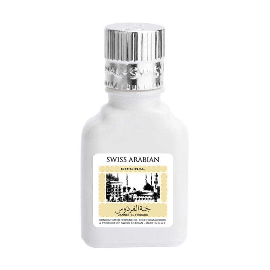 Swiss Arabian Jannet El Firdaus white perfume oil in a 9ml bottle, showcasing the elegant packaging and fragrance concentrate.