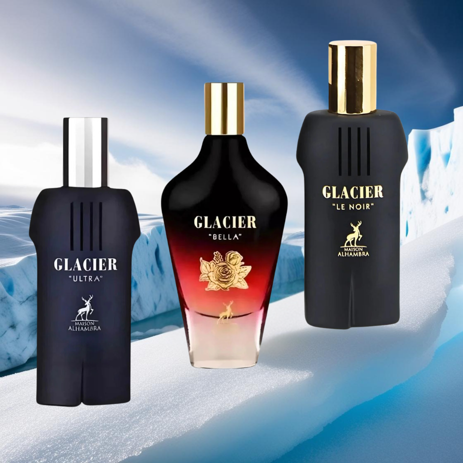 Maison Alhambra Glacier Le Noir, Ultra & Bella Eau de Parfum 100ml collection bottles displayed with elegant packaging.