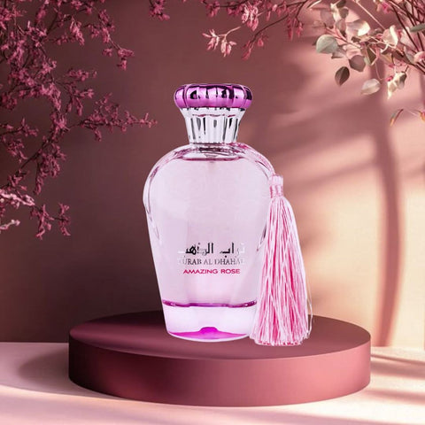 Turab Al Dhahab Amazing Rose Eau de Parfum spray by Ard Al Zaafaran in a 100ml bottle with a velvet pouch, floral fragrance.