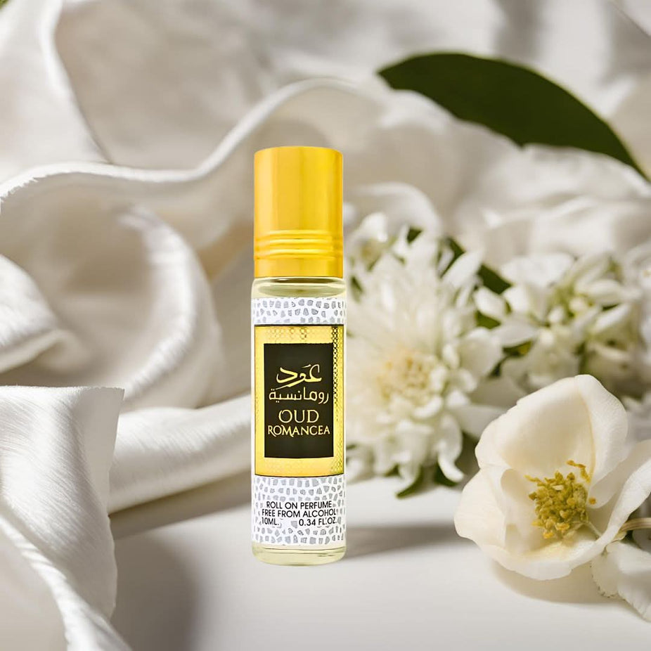 Three 10ml bottles of Oud Romancea perfume oil by Ard Al Zaafaran, featuring concentrated CPO perfume oil in elegant packaging.
