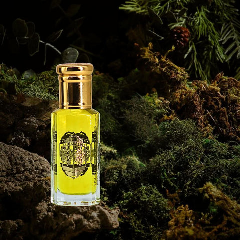 Intense Oud Santal Wood perfume oil in a 12ml black gift box, featuring a sleek glass bottle with a black cap.