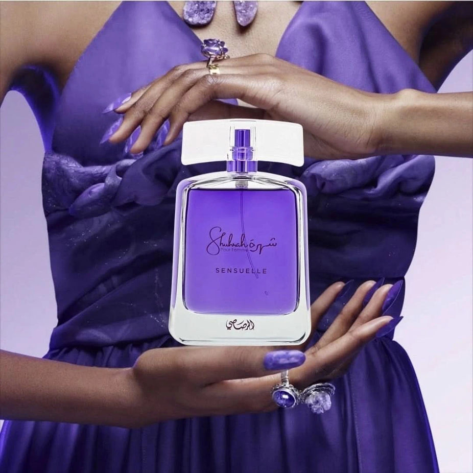 Rasasi Shuhrah Sensuelle Pour Femme Eau de Parfum spray 90ml with elegant bottle and floral design.