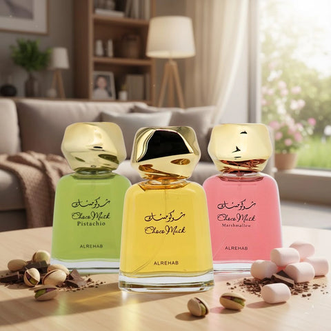 Choco Musk, Choco Musk Pistachio & Choco Musk Marshmallow Eau de Parfum Sprays 100ml (3.4 oz) by Al Rehab (Bundle) - Intense Oud