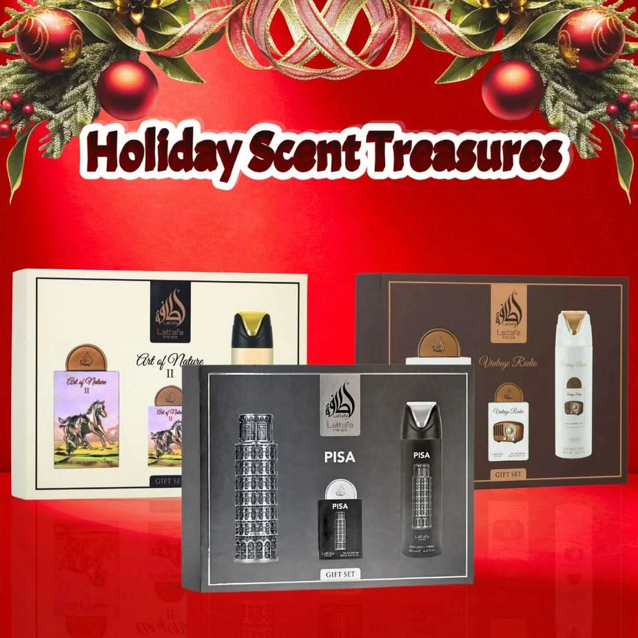 Lattafa Art of Nature II Pisa & Vintage Radio gift set bundle with decorative packaging and elegant design elements.