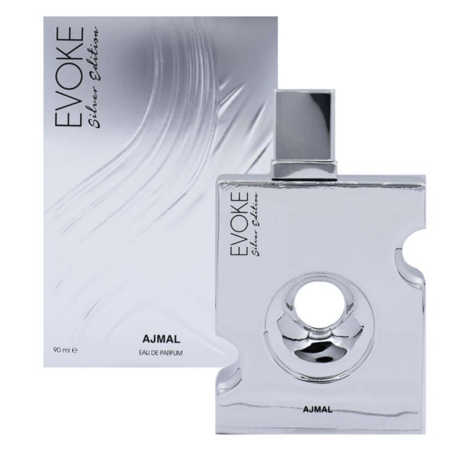 Evoke Silver Edition for Men Ajmal Eau De Parfum 90ML bottle with sleek silver design and clear glass packaging.