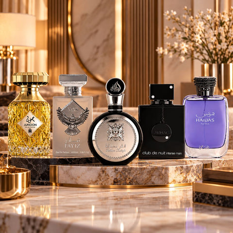Fakhar Men by Lattafa, Fayiz & Hawas Men by Rasasi, Club de nuit Intense Men by Armaf & Junoon Desire by Aura by Aura Eau de Parfum Sprays 100ml (Bundle)