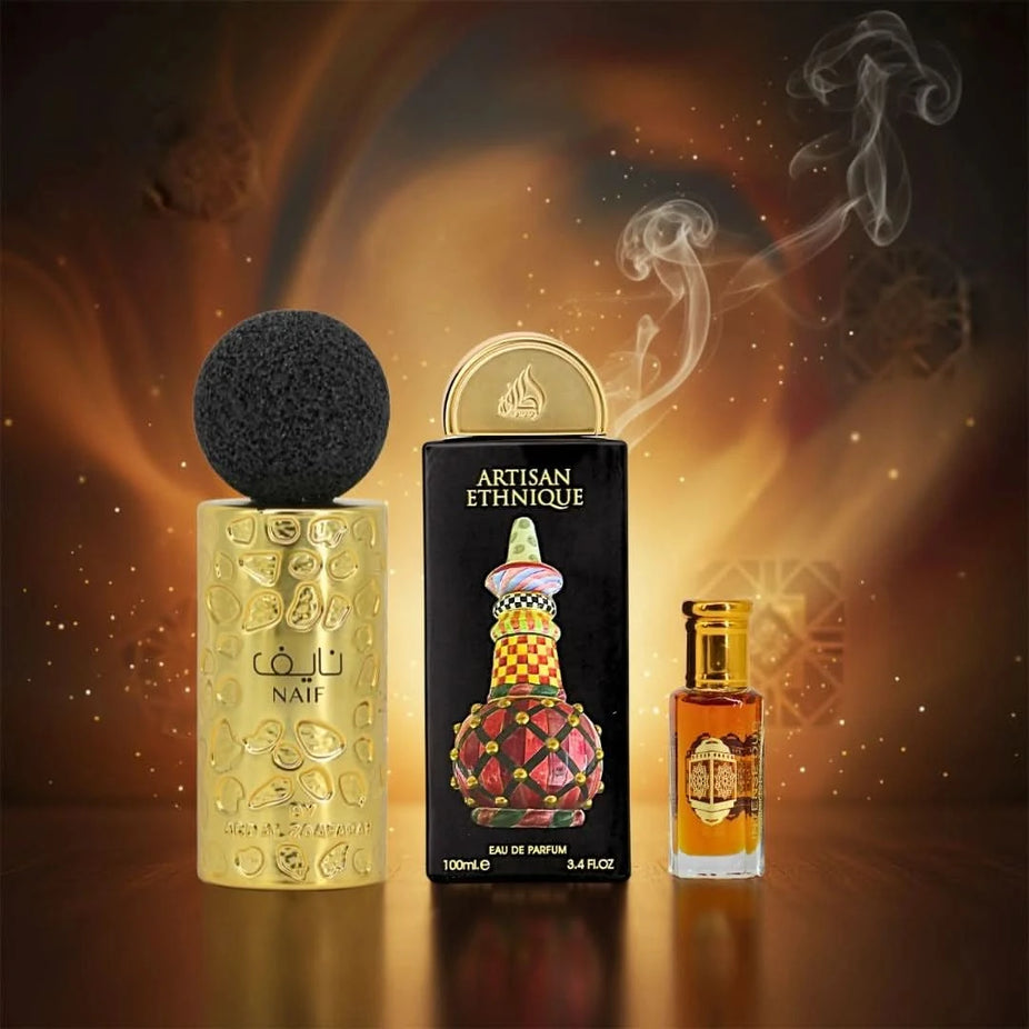 Lattafa Naif and Artisian Ethnique Eau de Parfums with Nouf Perfume Oil in a men's and women's fragrance bundle.