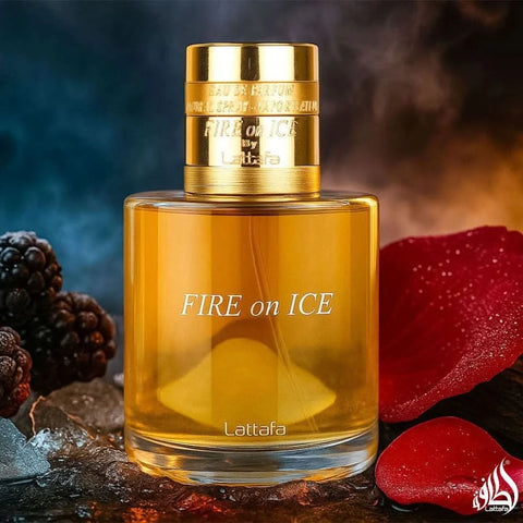 Lattafa Fire On Ice Eau de Parfum spray 110ml with velvet pouch, featuring a sleek bottle design and icy, fiery fragrance elements.