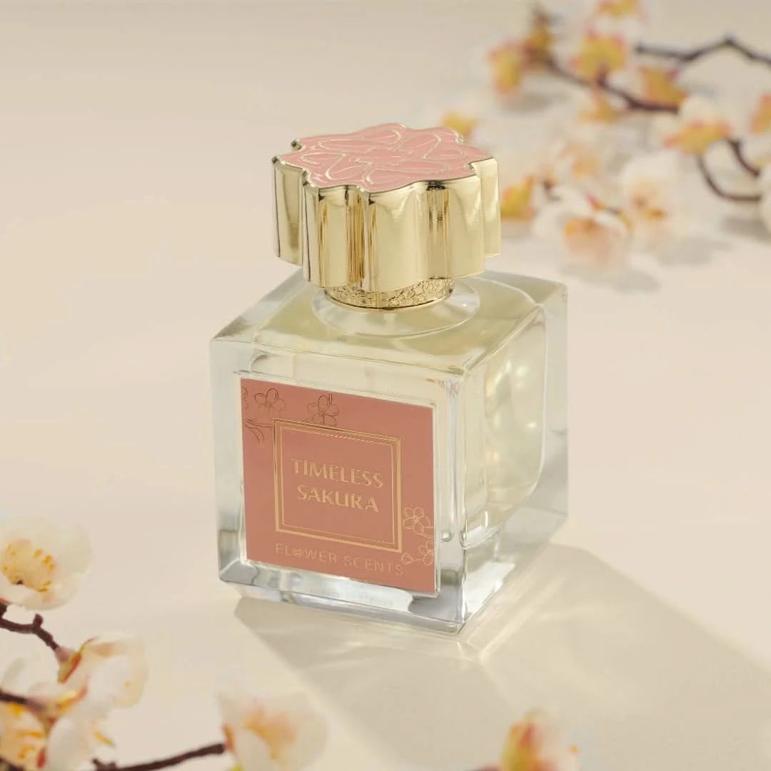 Flower Scents Timeless Sakura Eau de Parfum spray 65ml bottle with floral pink packaging, showcasing elegant perfume design.
