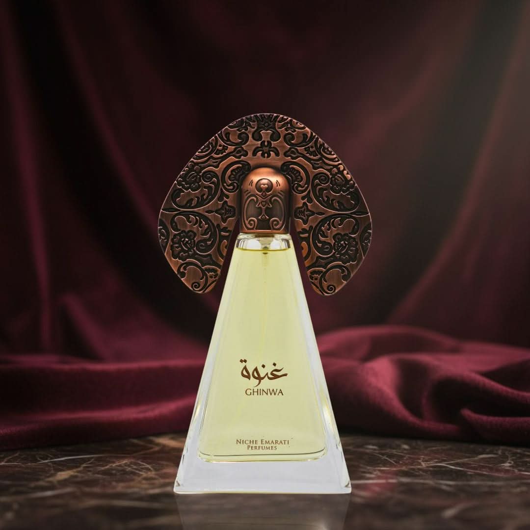 Lattafa Niche Emarati Ghinwa Eau de Parfum spray 100ml with velvet pouch, elegant perfume bottle and luxurious packaging.