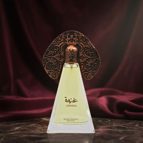 Lattafa Niche Emarati Ghinwa Eau de Parfum spray 100ml with velvet pouch, elegant perfume bottle and luxurious packaging.