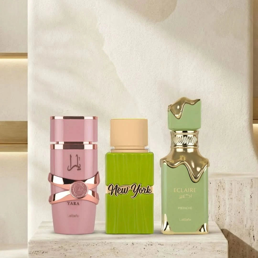 Lattafa Yara Elixir, New York Life by Hamidi, and Eclaire Pistache Eau de Parfum sprays in a 100ml bundle with sleek bottles.