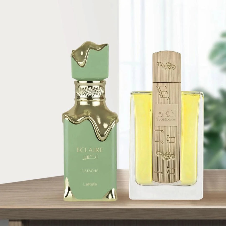 Lattafa Eclaire Pistache & Angham Eau de Parfum spray bundle, 100ml, featuring elegant perfume bottles with decorative caps.