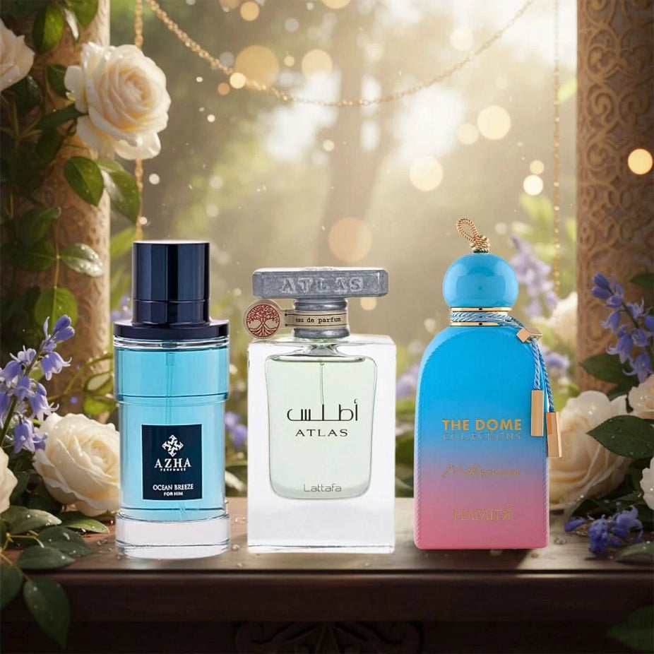 Intense Oud Ocean Breeze, Atlas Lattafa, Millennium Hamidi Eau de Parfum bundle with three 100ml spray bottles, fresh and luxurious fragrances.