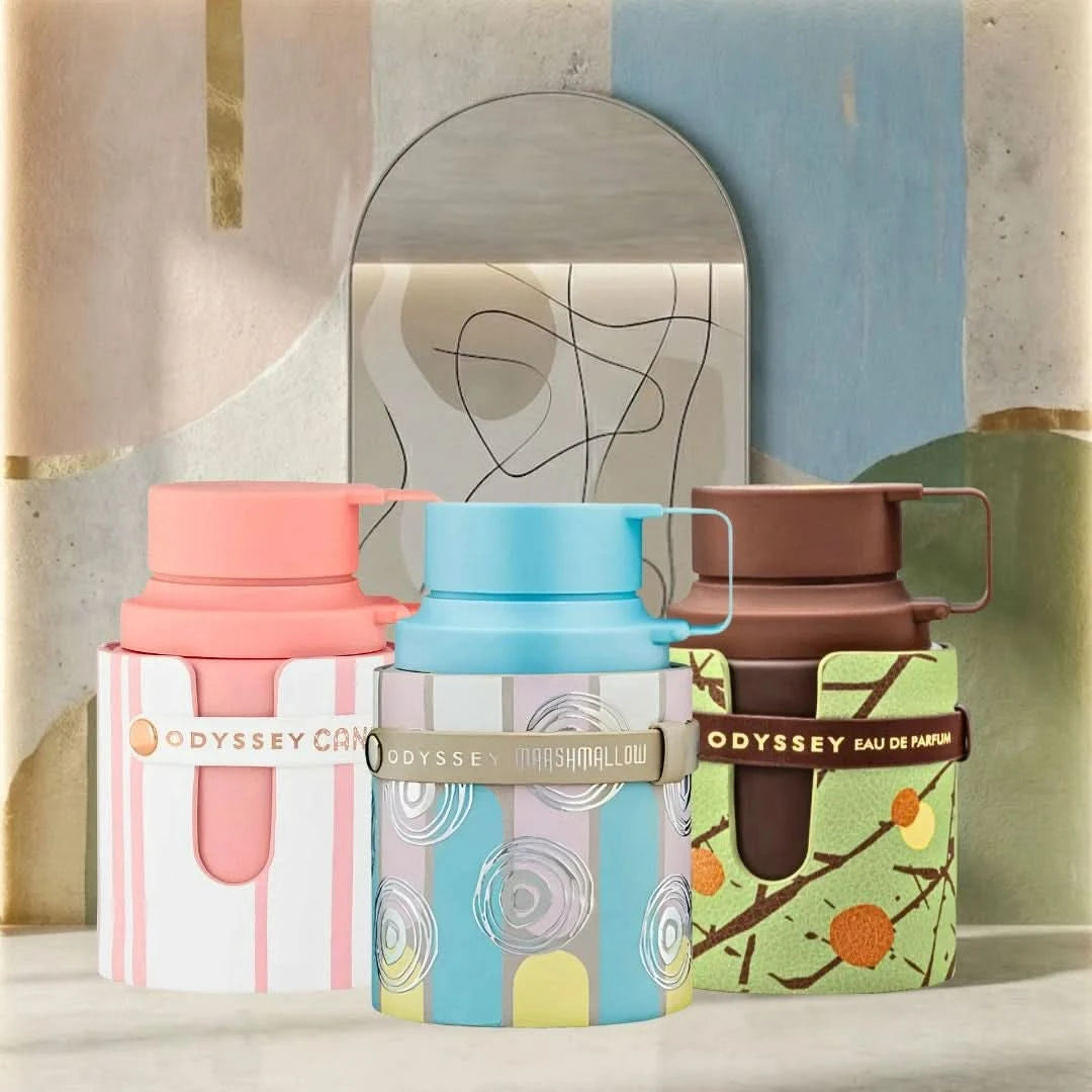 Bundle of Armaf Odyssey Marshmallow, Dubai Chocolat, and Candee Eau de Parfum sprays, 100ml bottles, featuring elegant perfume packaging.