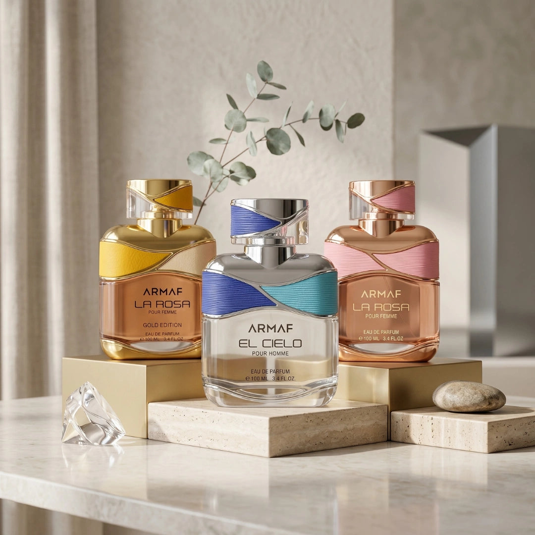 Armaf El Cielo La Rosa Pour Femme and Gold Edition Eau de Parfum sprays in a bundle, 100ml each, with elegant bottles.