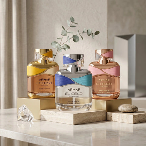 Armaf El Cielo La Rosa Pour Femme and Gold Edition Eau de Parfum sprays in a bundle, 100ml each, with elegant bottles.