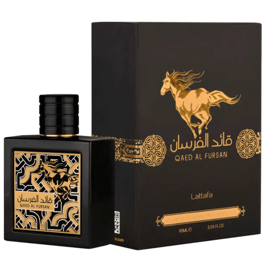 Qaed Al Fursan Eau de Parfum spray by Lattafa, 90ml bottle, elegant design, showcasing the perfume bottle on a white background.