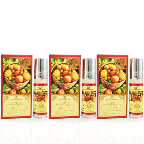 Three 6ml bottles of Al Rehab fruity concentrated perfume oil (CPO), featuring vibrant fruit scents in clear glass bottles.