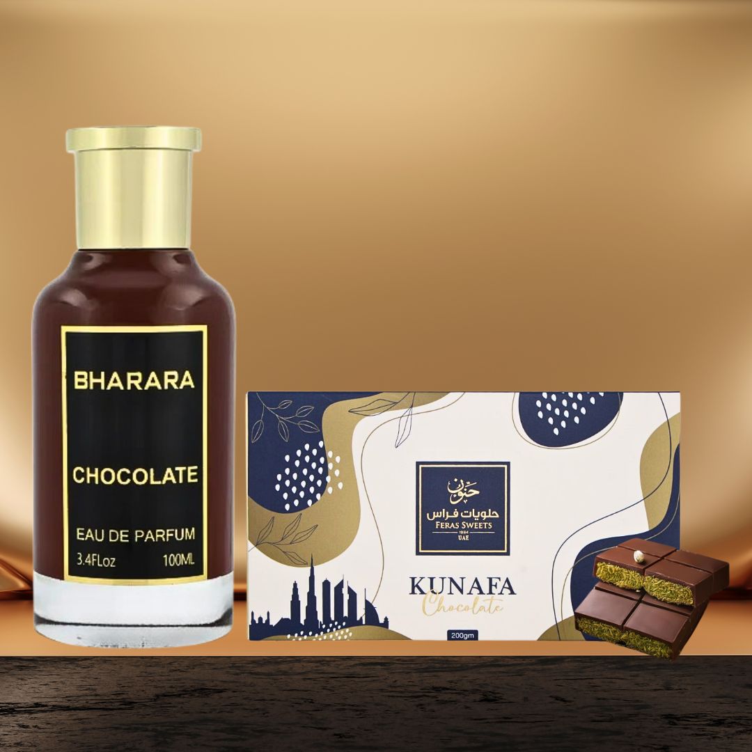 Bharara Chocolate EDP Spray 100ML (3.4 OZ) By BHARARA & Dubai Kunafa Chocolate Bar 200GMS By Feras Sweets | A Duo Of Rich Fragrance And Decadent Chocolate. (BUNDLE) - Intense Oud
