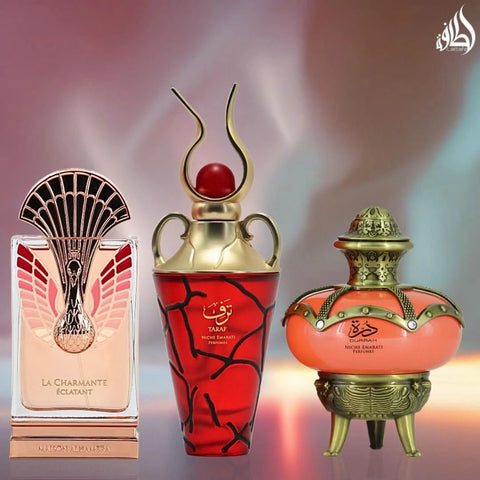 Lattafa Niche Emarati Taraf & Durrah Eau de Parfum, Pink Musk perfume oil, Maison Alhambra La Charmante Éclatant bundle, 100ml sprays