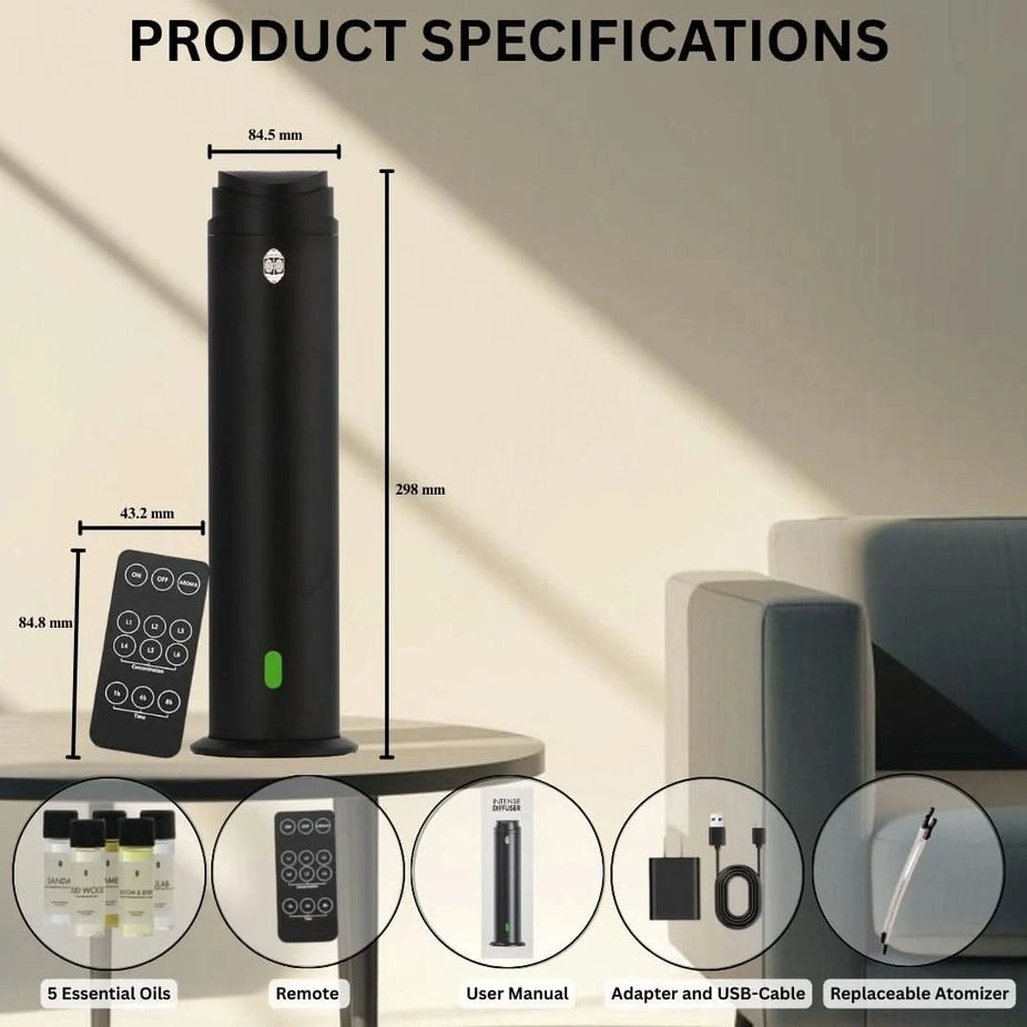 Intense Oud Black Aromatherapy Diffuser with remote, 120ml waterless diffuser, adjustable mist, timer, suitable for home, office, hotel