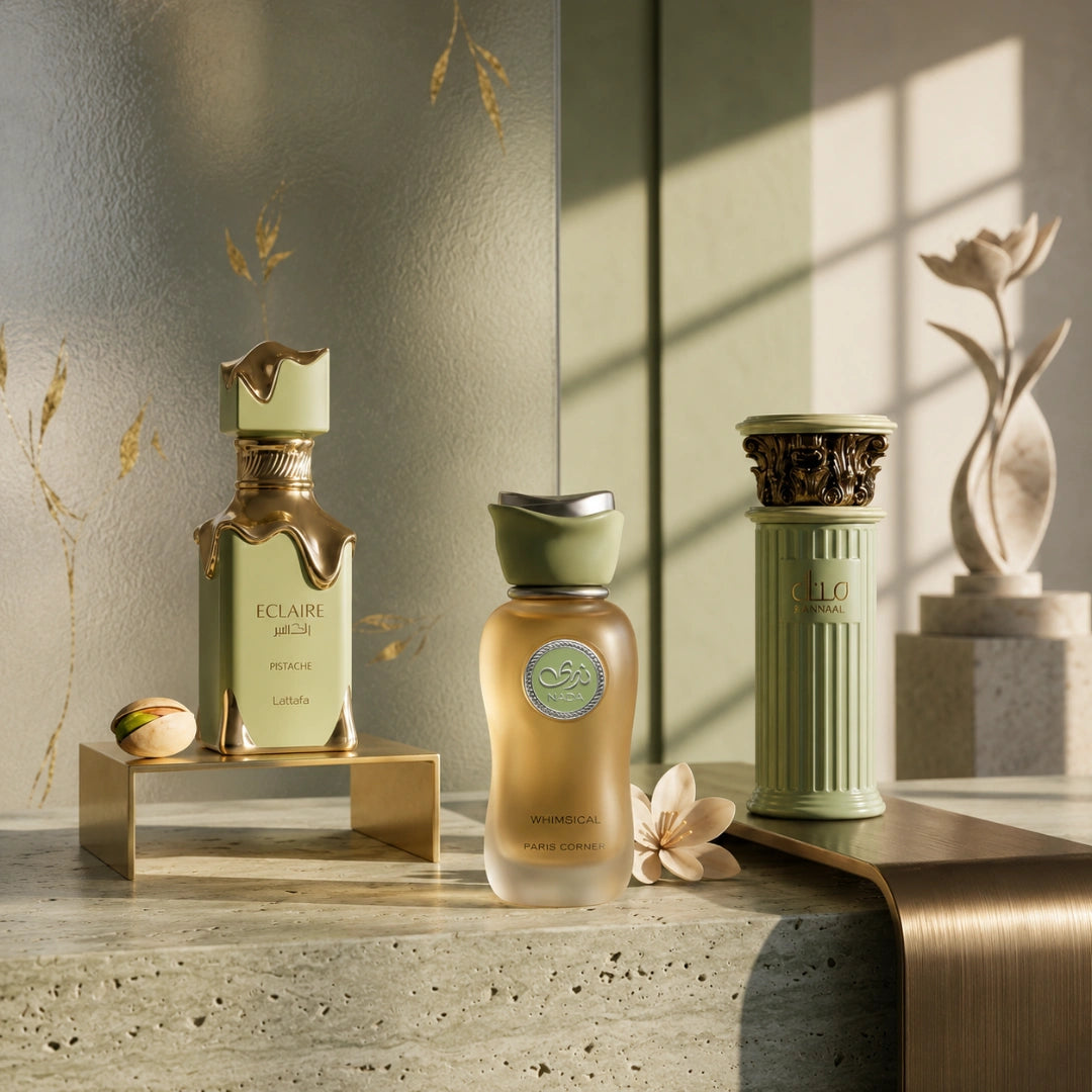 Intense Oud Pompous Pistachio bundle with three 100ml perfume sprays: Lattafa Eclaire Pistache, Paris Corner Nada Whimsical, Ard Al Zaafaran Manaal.