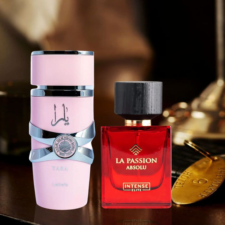 Bundle of Yara by Lattafa and La Passion Absolu by Intense Elite Eau de Parfum sprays, 100ml bottles, from Intense Oud.