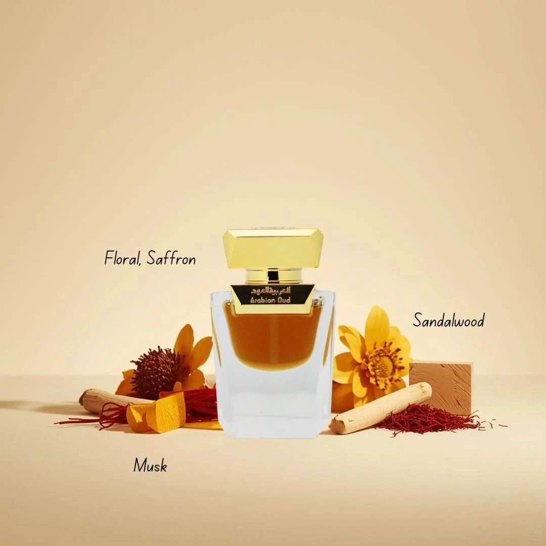 Arabian Oud Dokhon 5-piece gift set with bottles of traditional perfume oils and accessories arranged in elegant packaging.