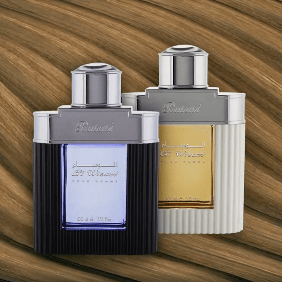 Rasasi Al Wisam EDP Day & Evening Men perfume bundle with two 100ml bottles, featuring stylish packaging and branding.