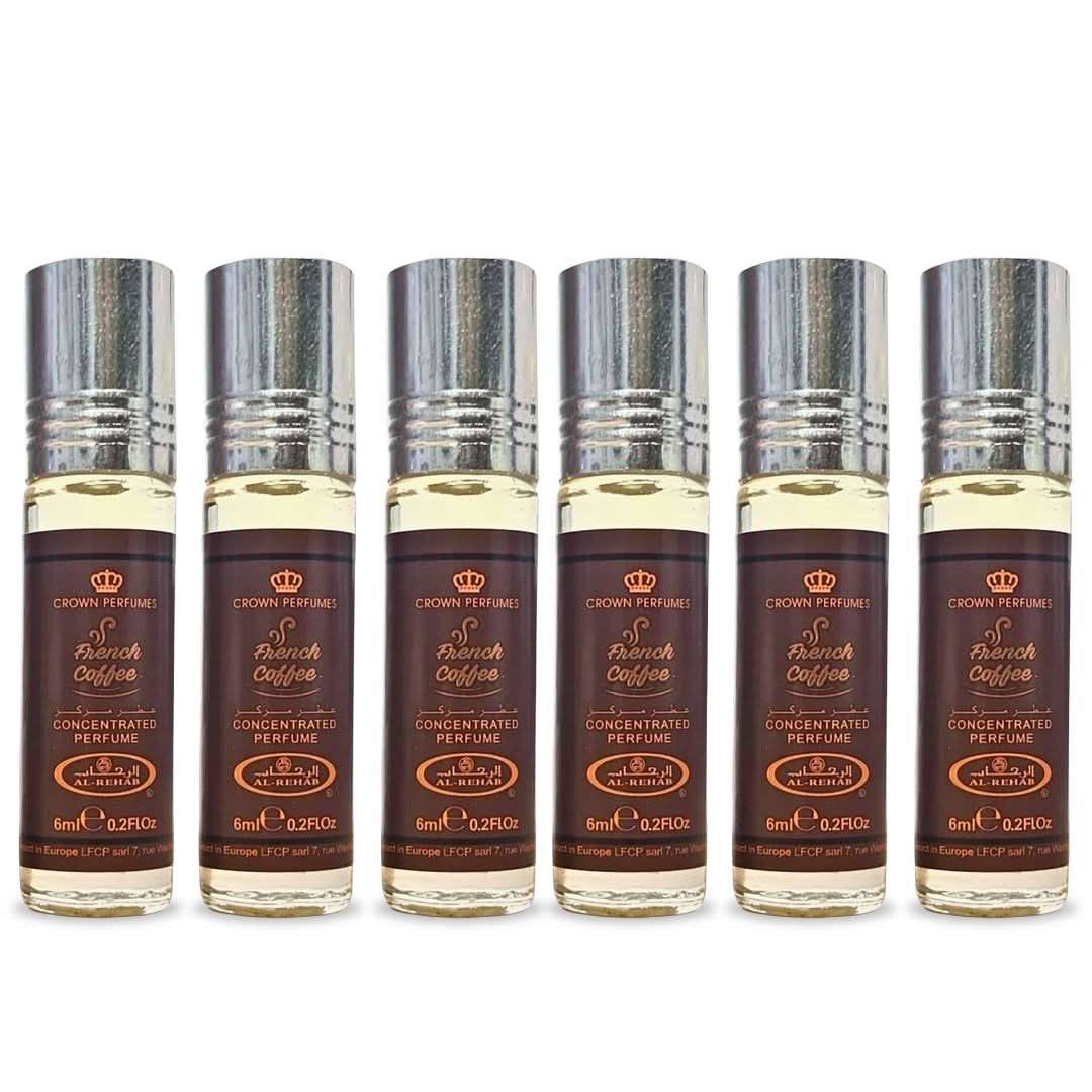 Al Rehab French Coffee perfume oil 6ml bottles in a value pack, featuring six boxes with elegant packaging and perfume oil vials.
