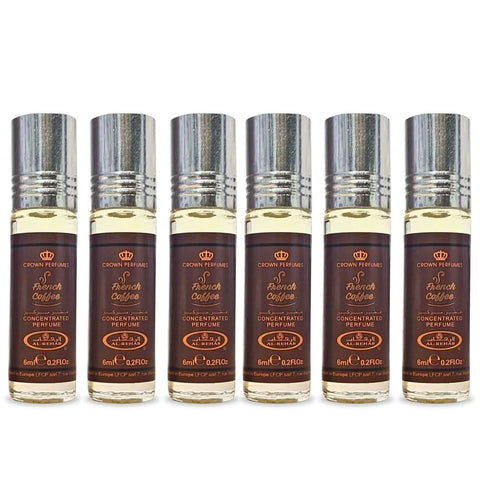 Al Rehab French Coffee perfume oil 6ml bottles in a value pack, featuring six boxes with elegant packaging and perfume oil vials.