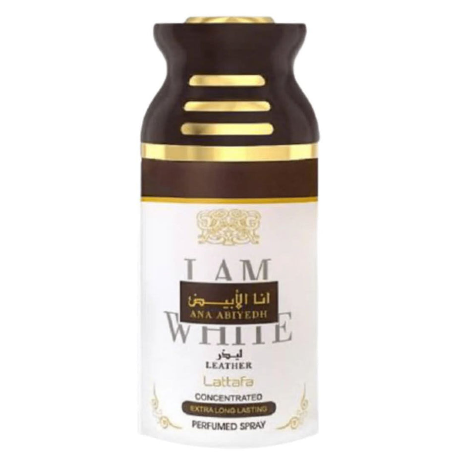 Lattafa Ana Abiyedh Leather Deodorant 250ML bottle, featuring elegant design and branding for fresh, long-lasting scent