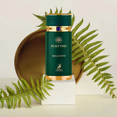 Maison Alhambra Sceptre Malachite Eau de Parfum spray 100ml with velvet pouch, elegant bottle and luxurious packaging.