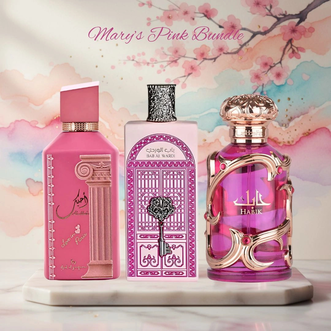 Ahubbak Love in Paris & Bab al Wardi by Ard Al Zaafaran & Habik Women by Lattafa - Eau de Parfum Sprays 100ml (3.4 oz) (Mary's Pink Bundle) - Intense Oud